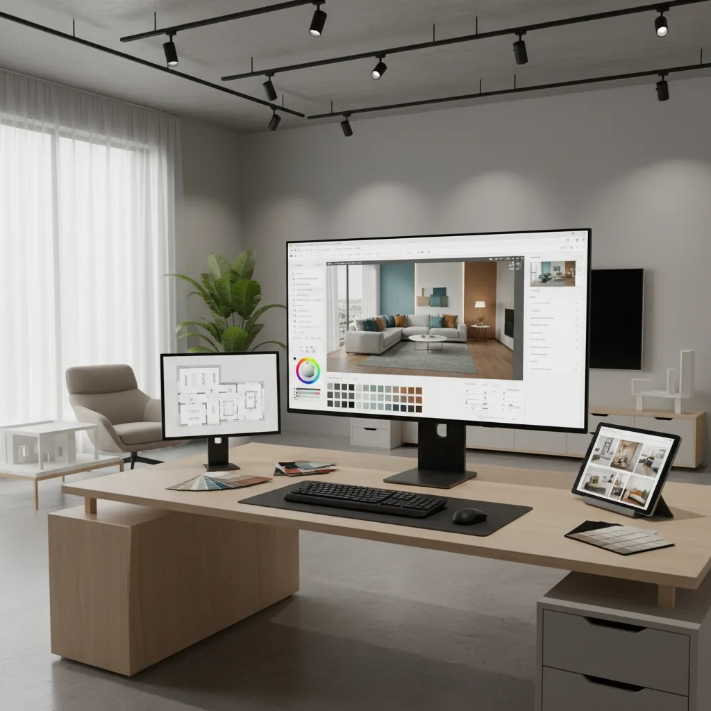 Render 3D de un interior mostrando pruebas de colores antes de decorar