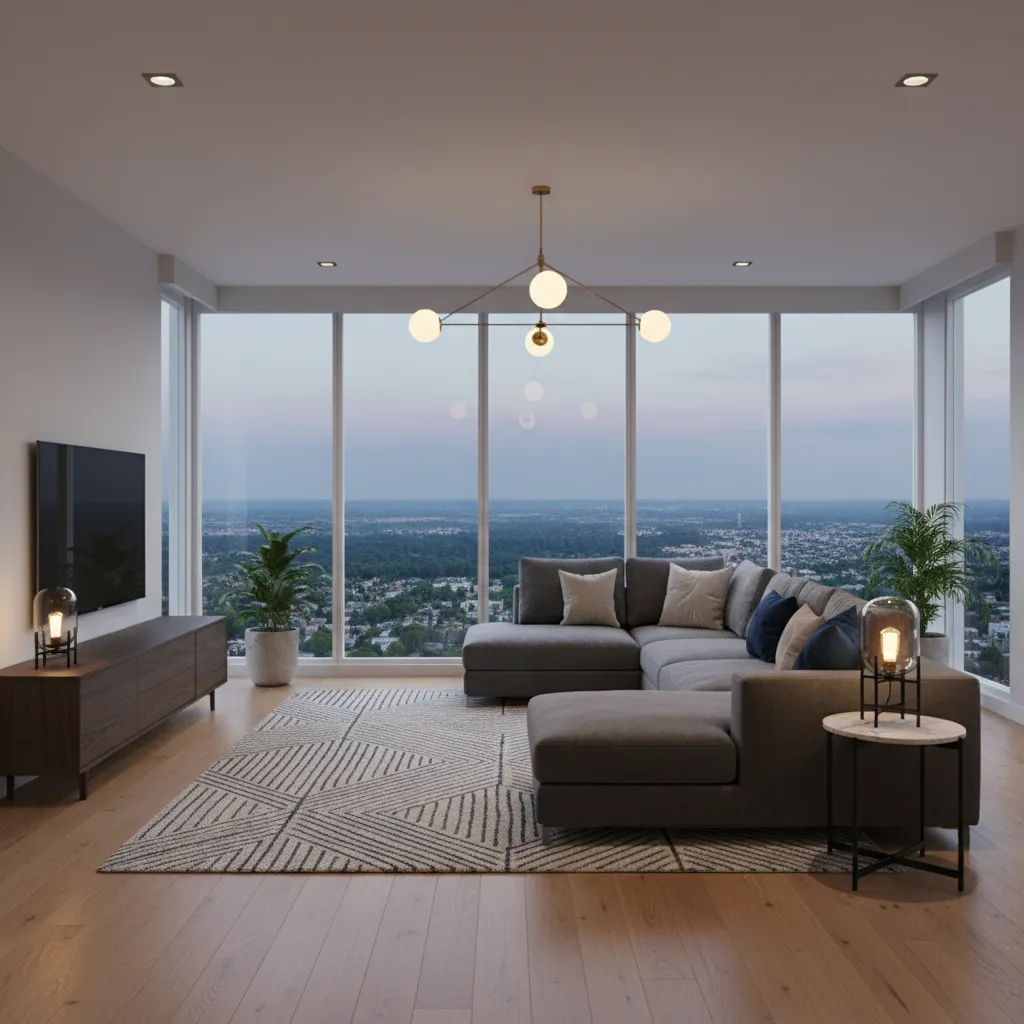 render 3D realista de un salón moderno antes de ser construido