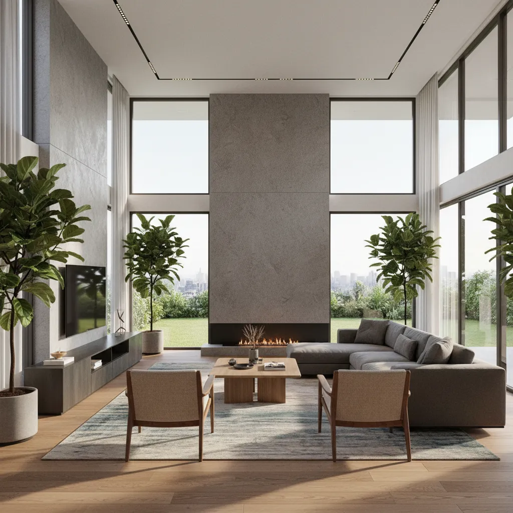 Render realista de salón moderno generado con software de diseño interior