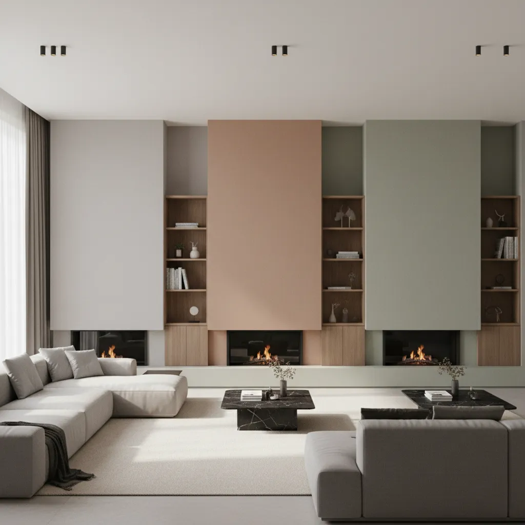 Render 3D de un interior mostrando diferentes colores de paredes