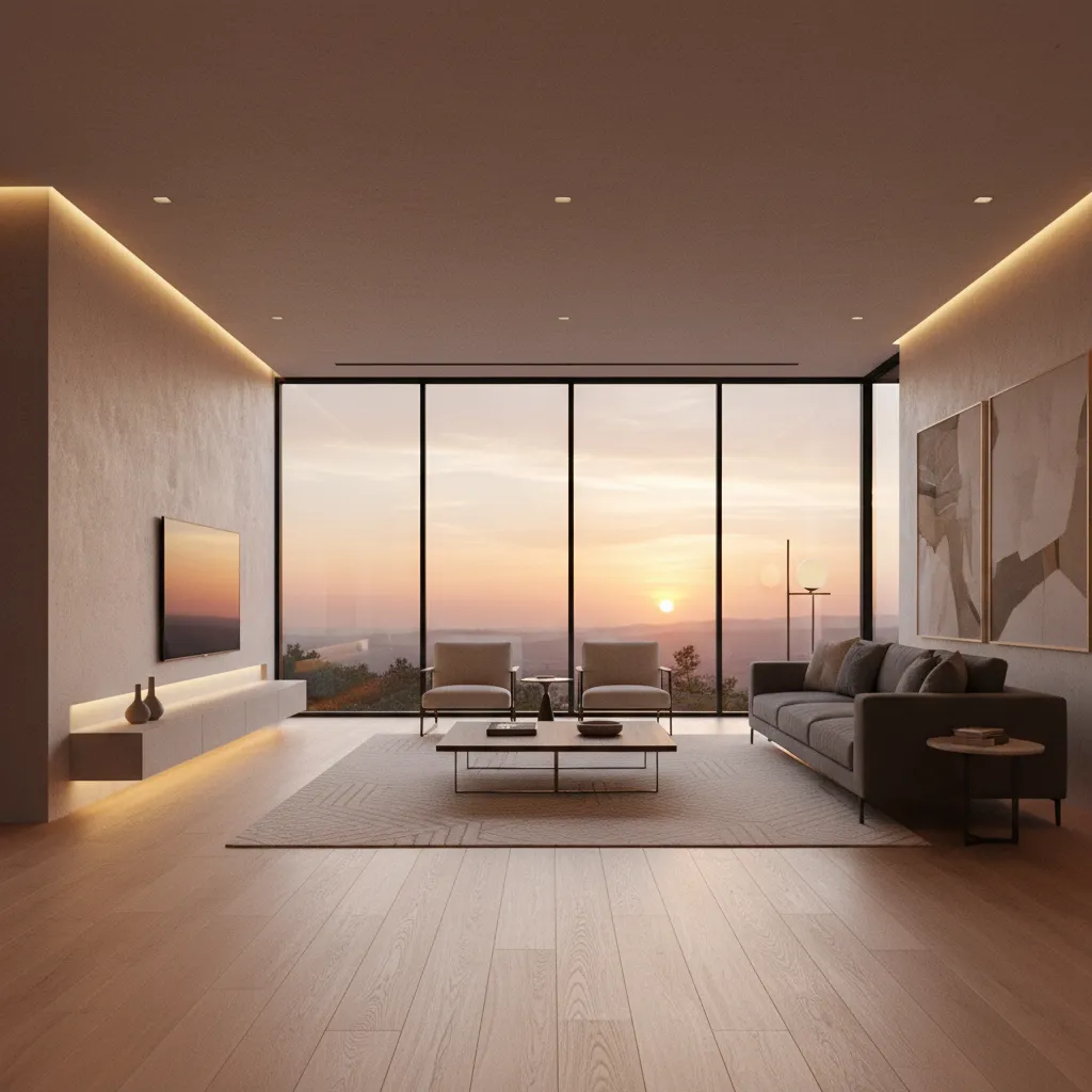 Luxury living room with large windows showing sunset sofa coffee table wood floor and lights