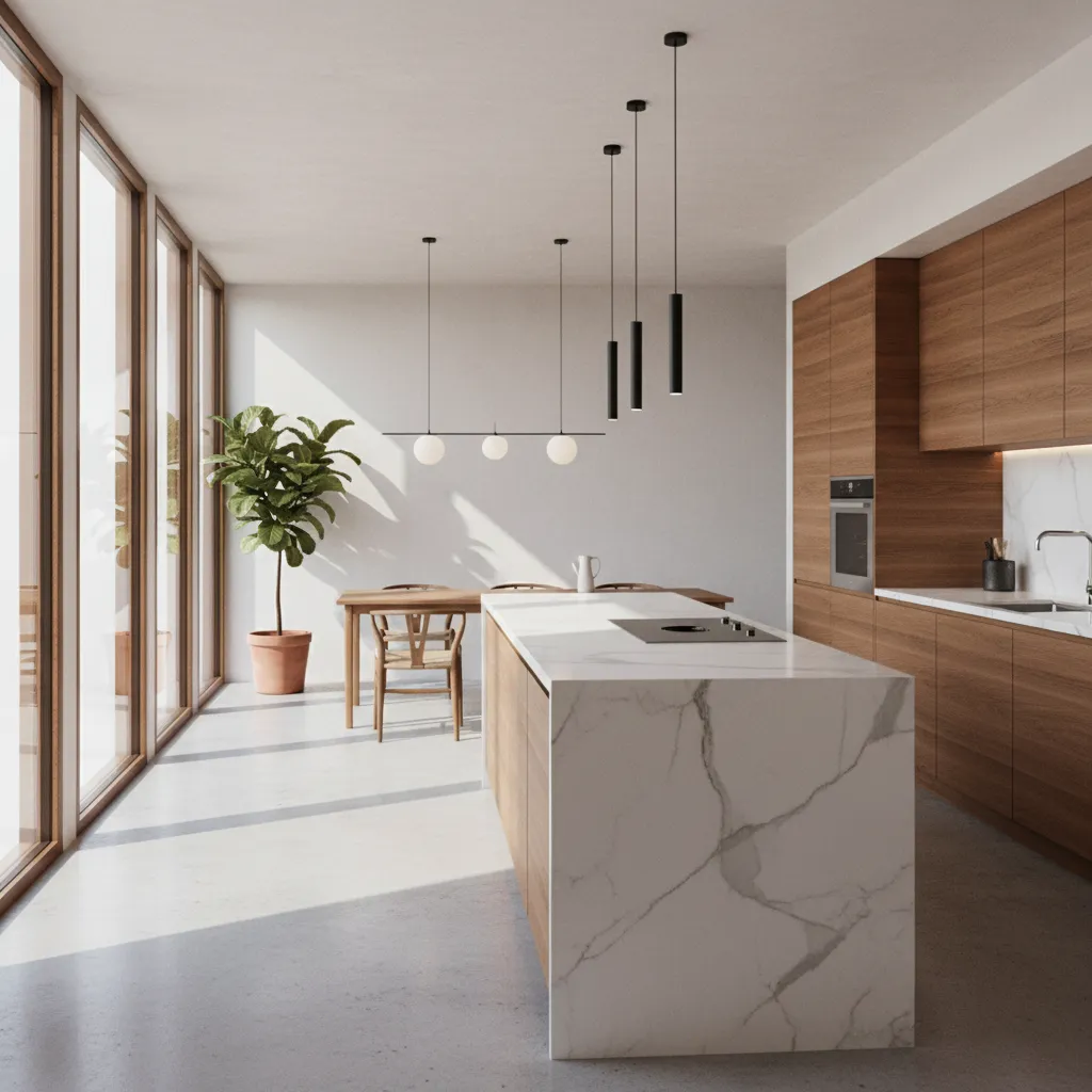 Render realista de una cocina moderna generado digitalmente
