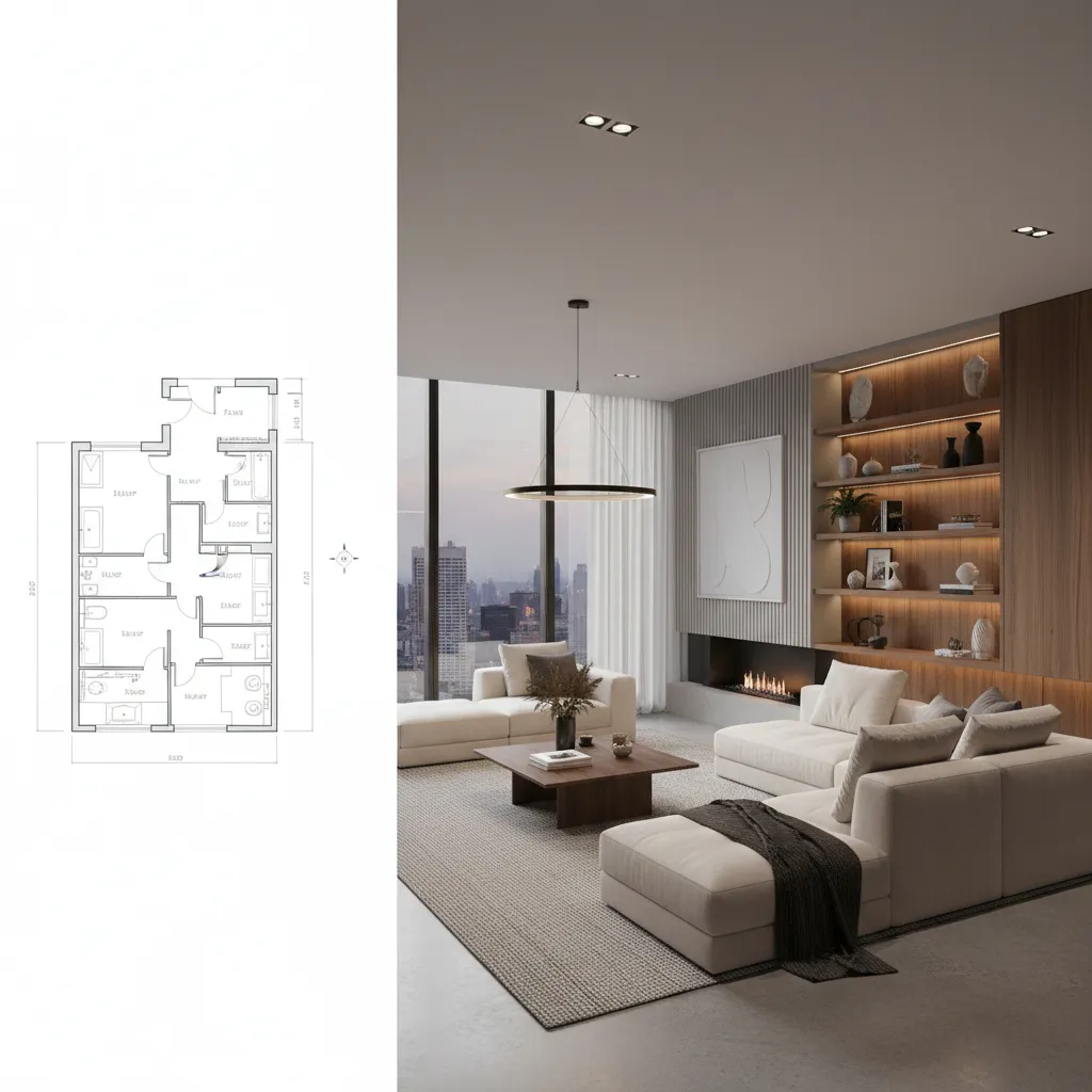 Comparación entre plano técnico y render 3D de un salón