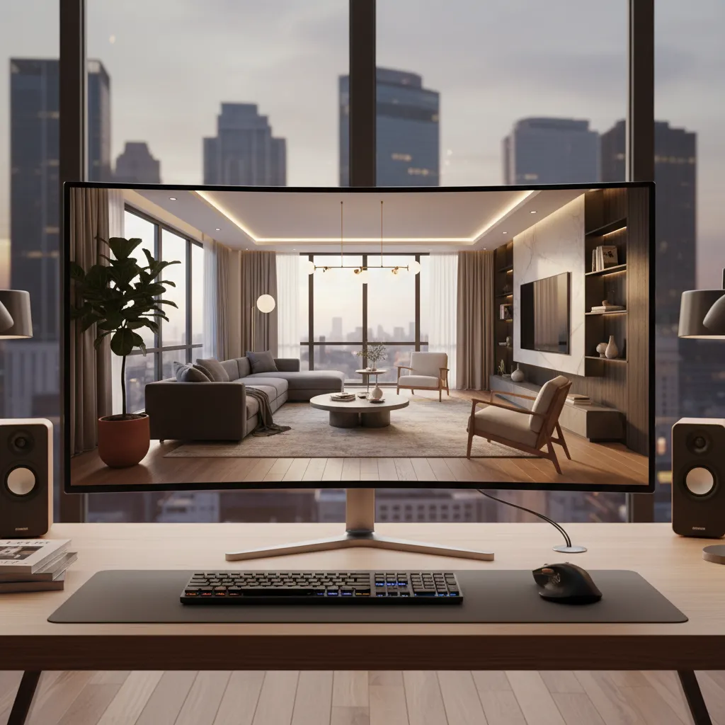 Computer monitor showing living room interior design drawing with a city view and office accessories