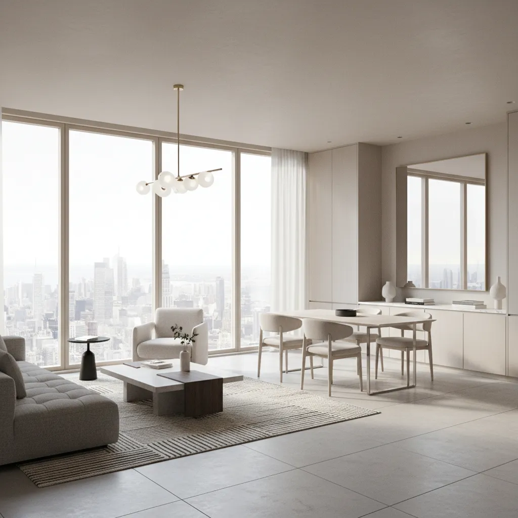 Modern room interior design drawing with grey sofa, dining table, ceiling light, and city view