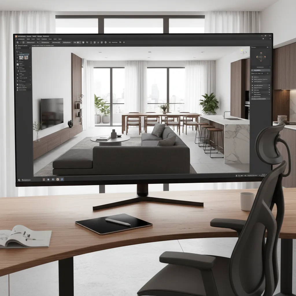 Pantalla mostrando render 3D de diseño interior de una vivienda