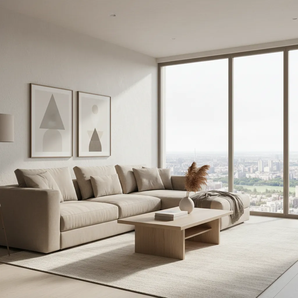 Render realista de salón moderno diseñado en 3D