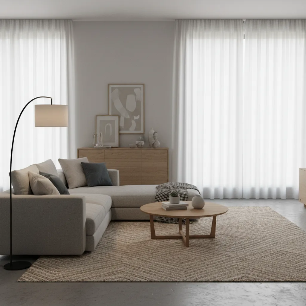 visualización 3D de un salón moderno con sofá, mesa y lámparas