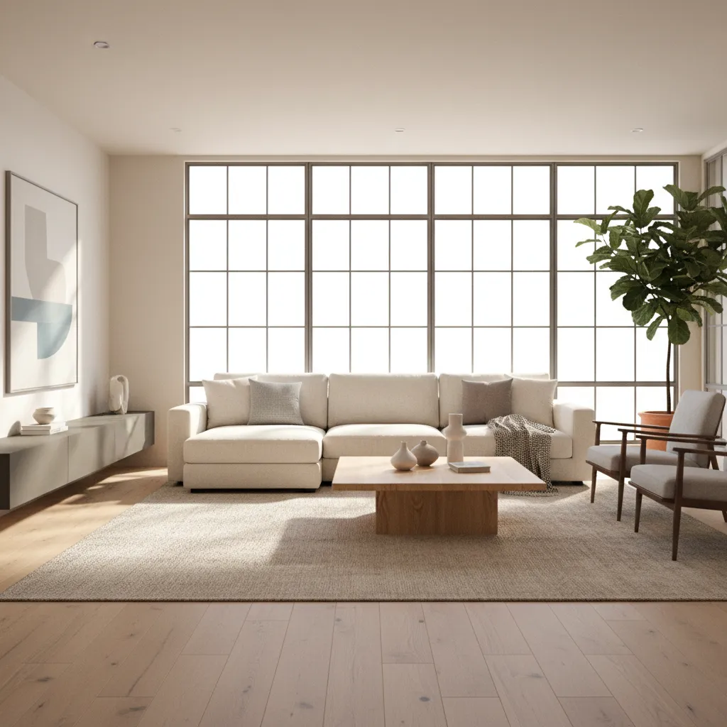 Visualización 3D realista de un salón moderno con sofá y mesa de centro