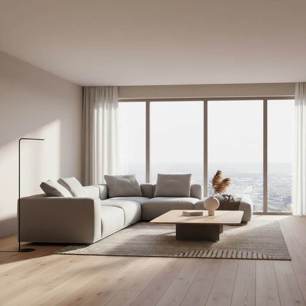 Visualización 3D de un salón moderno con sofá, mesa y ventanas grandes
