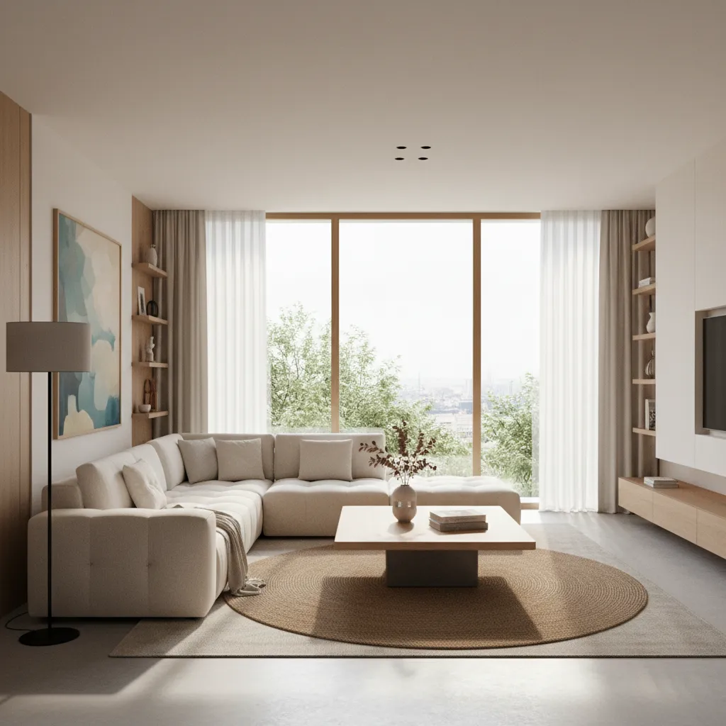 Modern living room featuring beige sofa wooden coffee table round rug large window and curtains