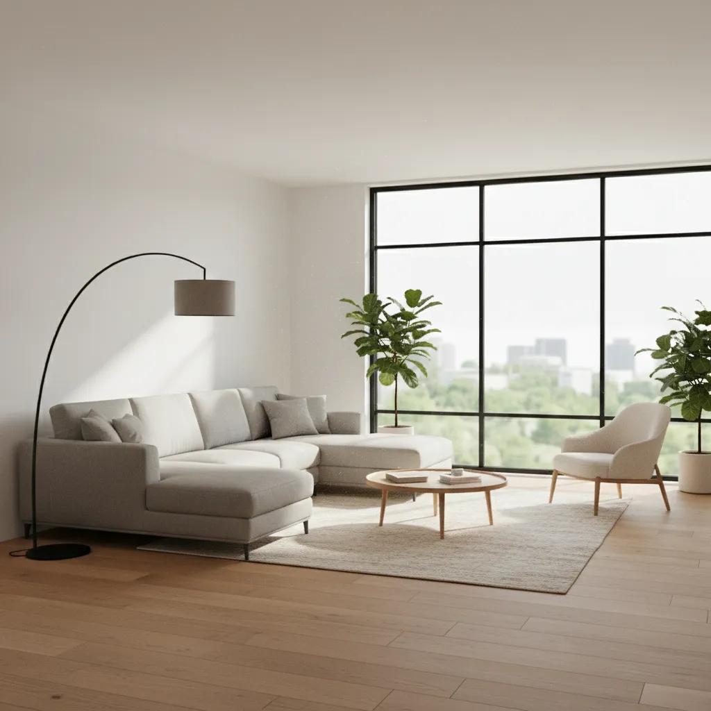 visualización 3D de un salón con muebles modernos