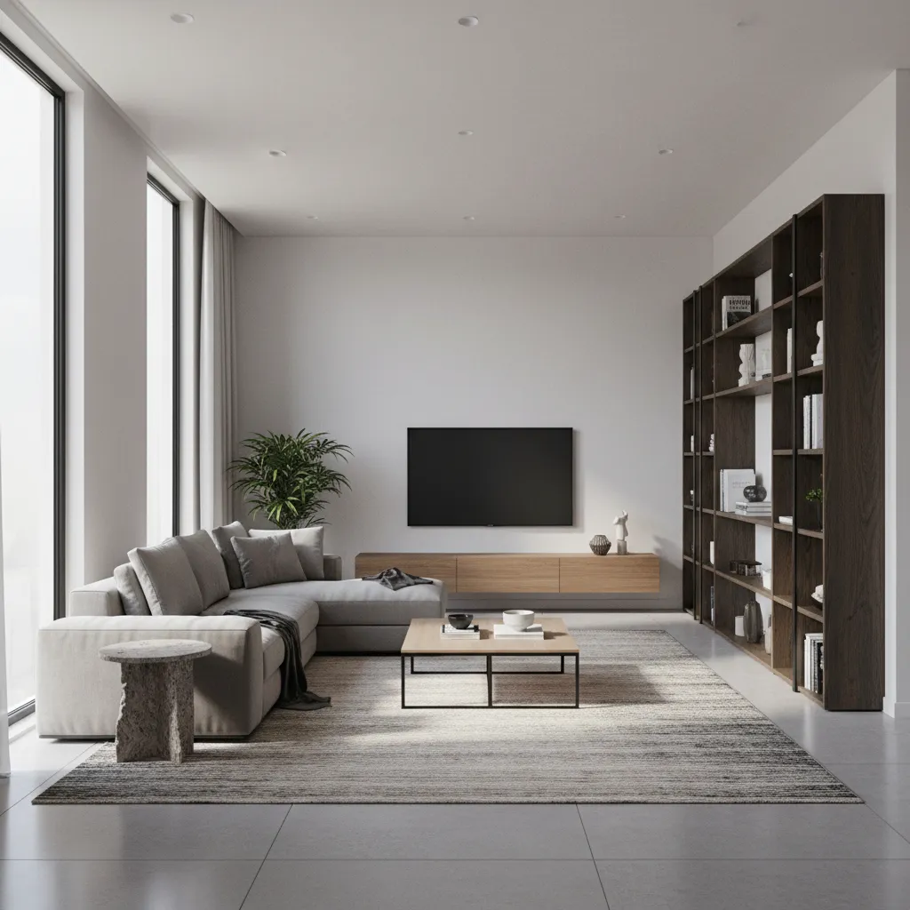 Render 3D de salón moderno usado para planificación de mobiliario