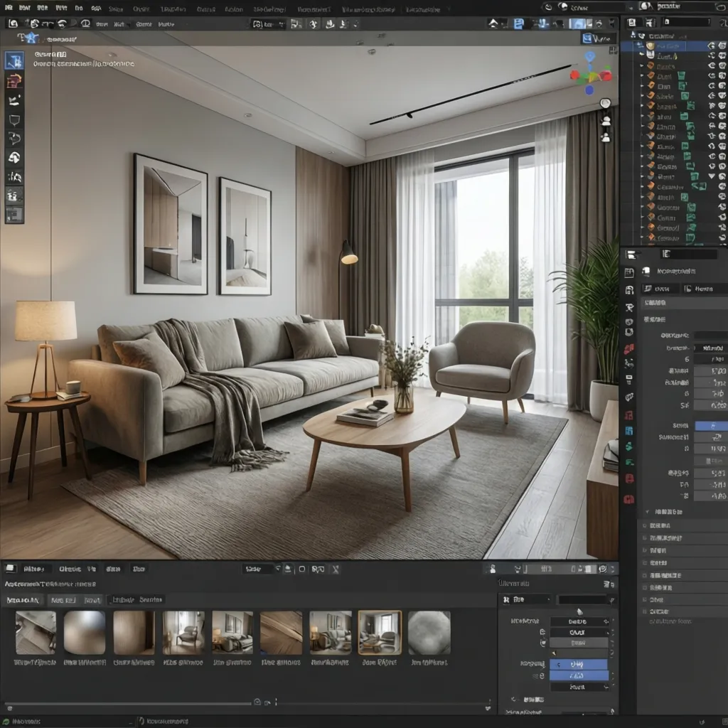 Visualización digital de un salón con muebles modernos en una herramienta de diseño