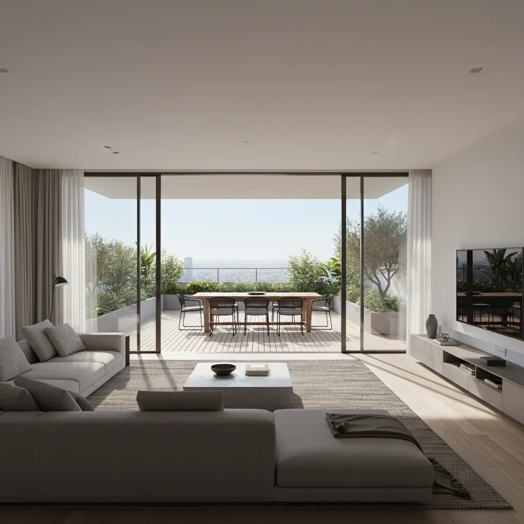 Modern living room with grey sofa and large glass doors opening to outdoor dining area