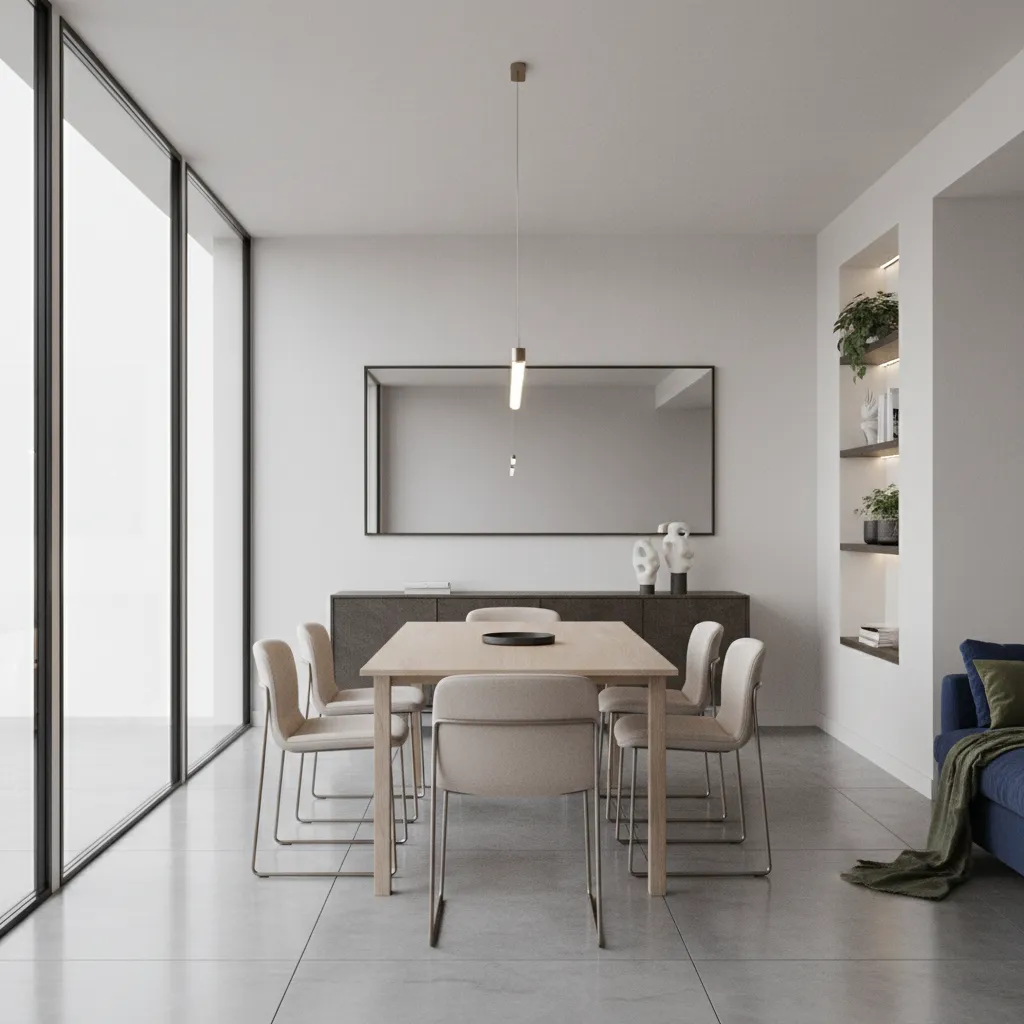 Visualización digital 3D de un comedor moderno con mesa central