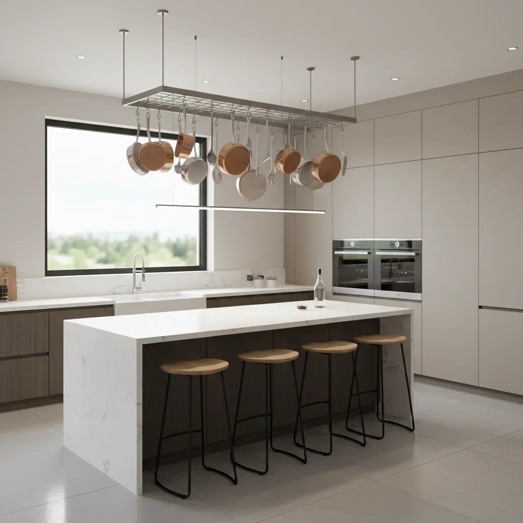 3D kitchen layout showing hanging pot rack placement planning