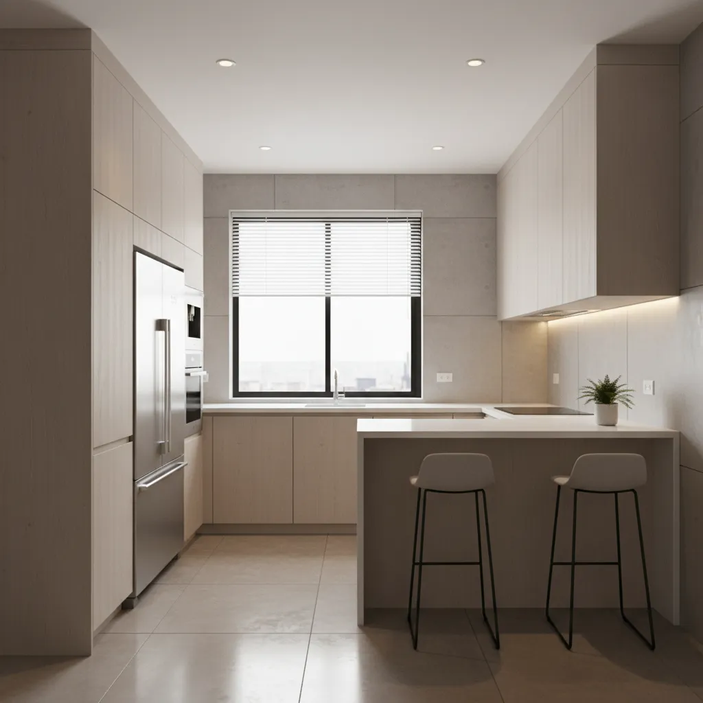 Digital 3D rendering preview of a small kitchen cabinet color design