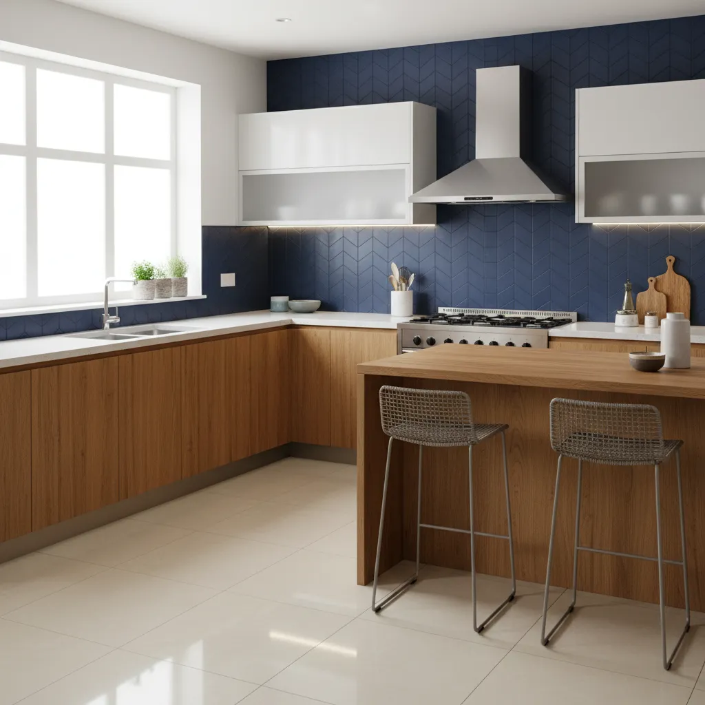 modern Indian kitchen with vitrified floor tiles and patterned backsplash