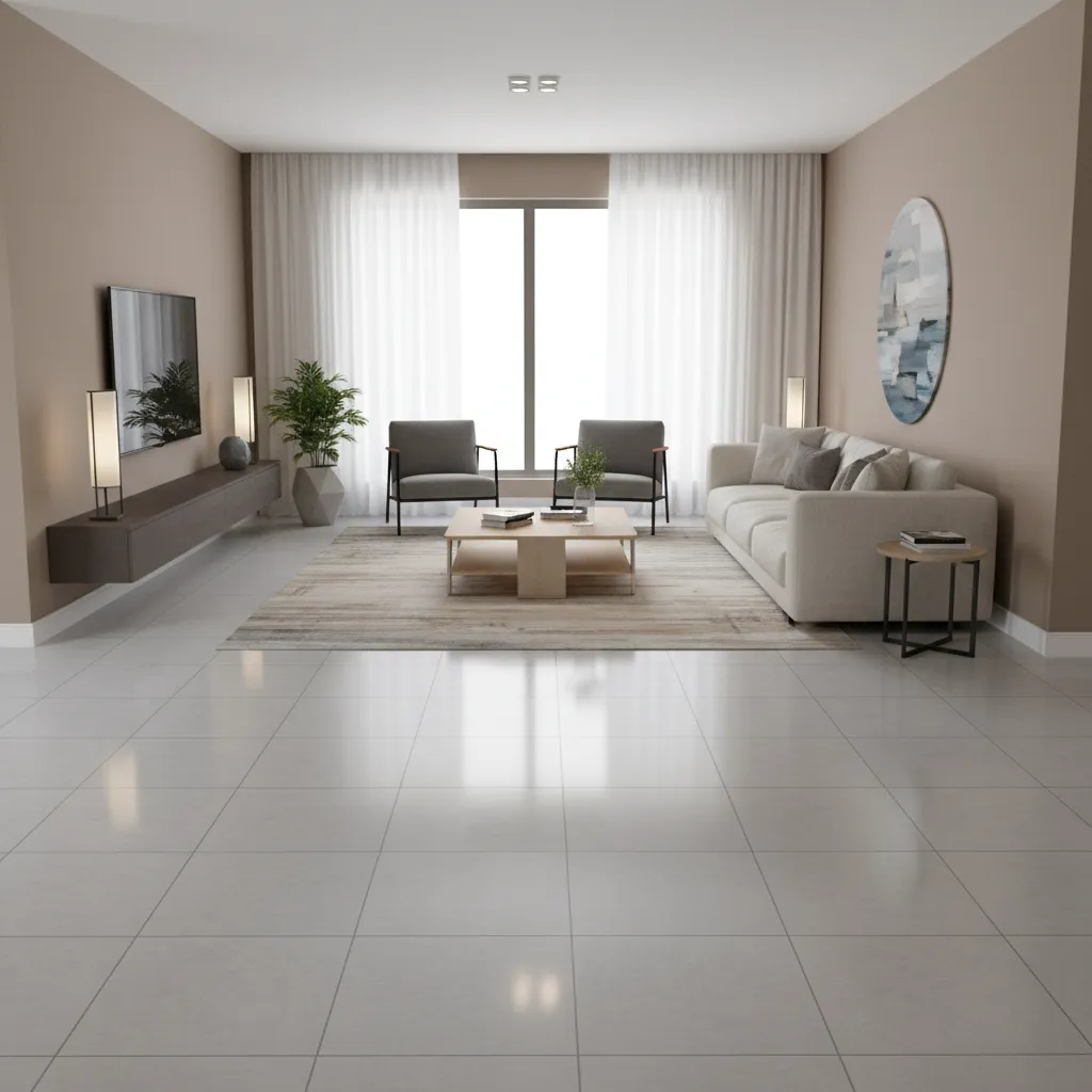 Living room with large vitrified tiles arranged in symmetrical layout
