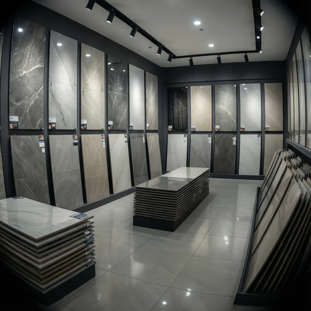 Tile showroom displaying multiple vitrified tile designs on wall panels