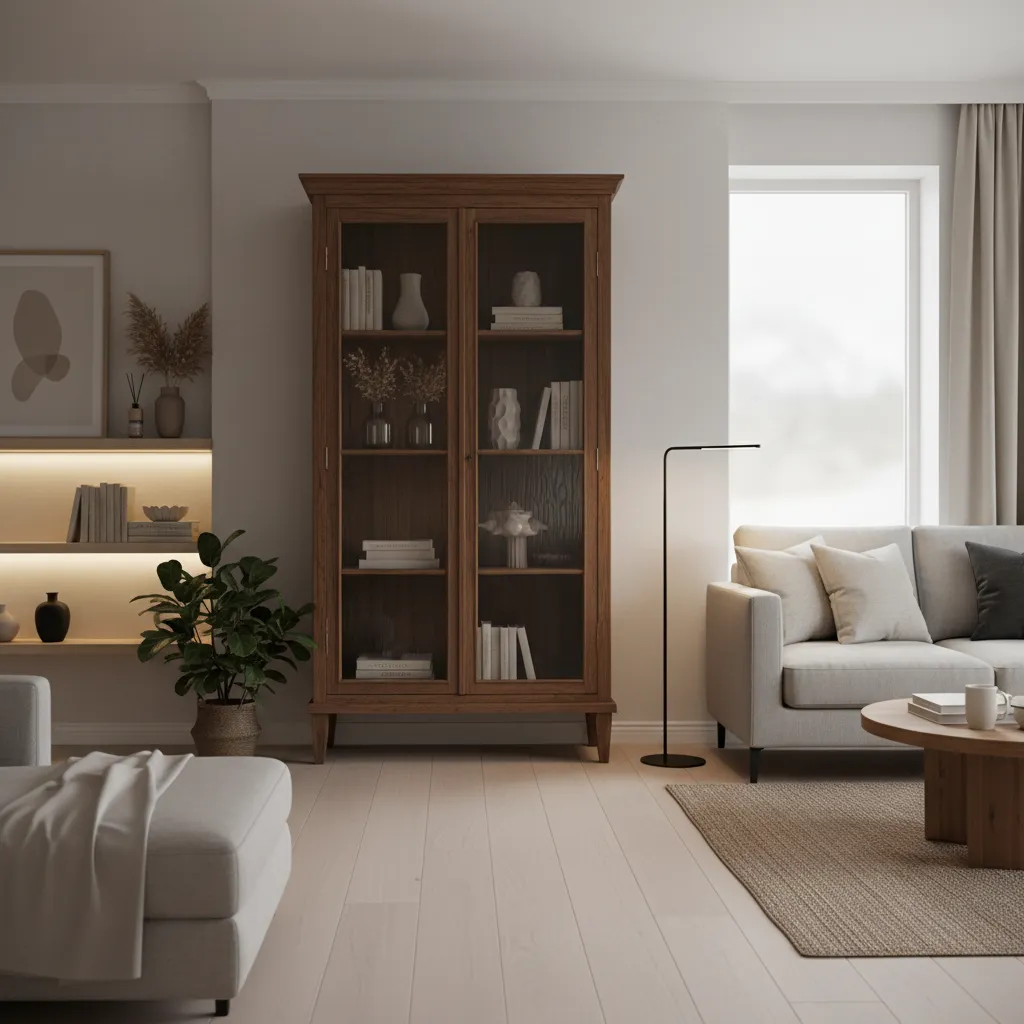 Tall wooden cabinet with glass doors standing next to a grey sofa in living room