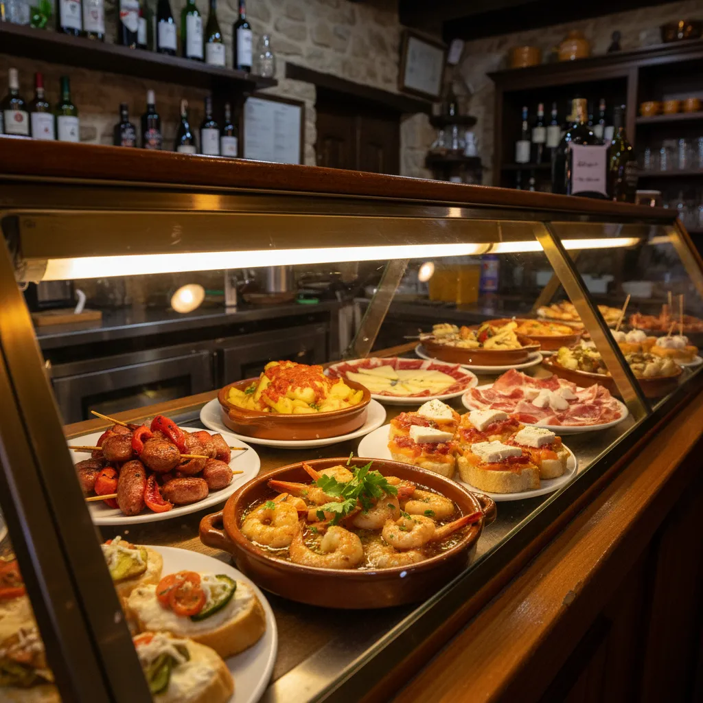 Vitrina iluminada mostrando tapas en un bar español