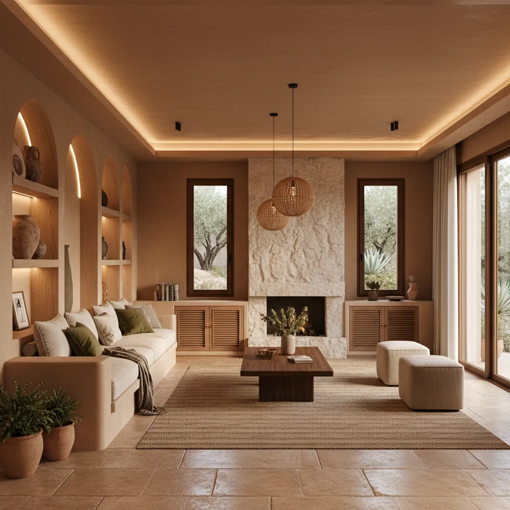 Warm living room with fireplace white sofa wooden coffee table two round ceiling lights arched shelves
