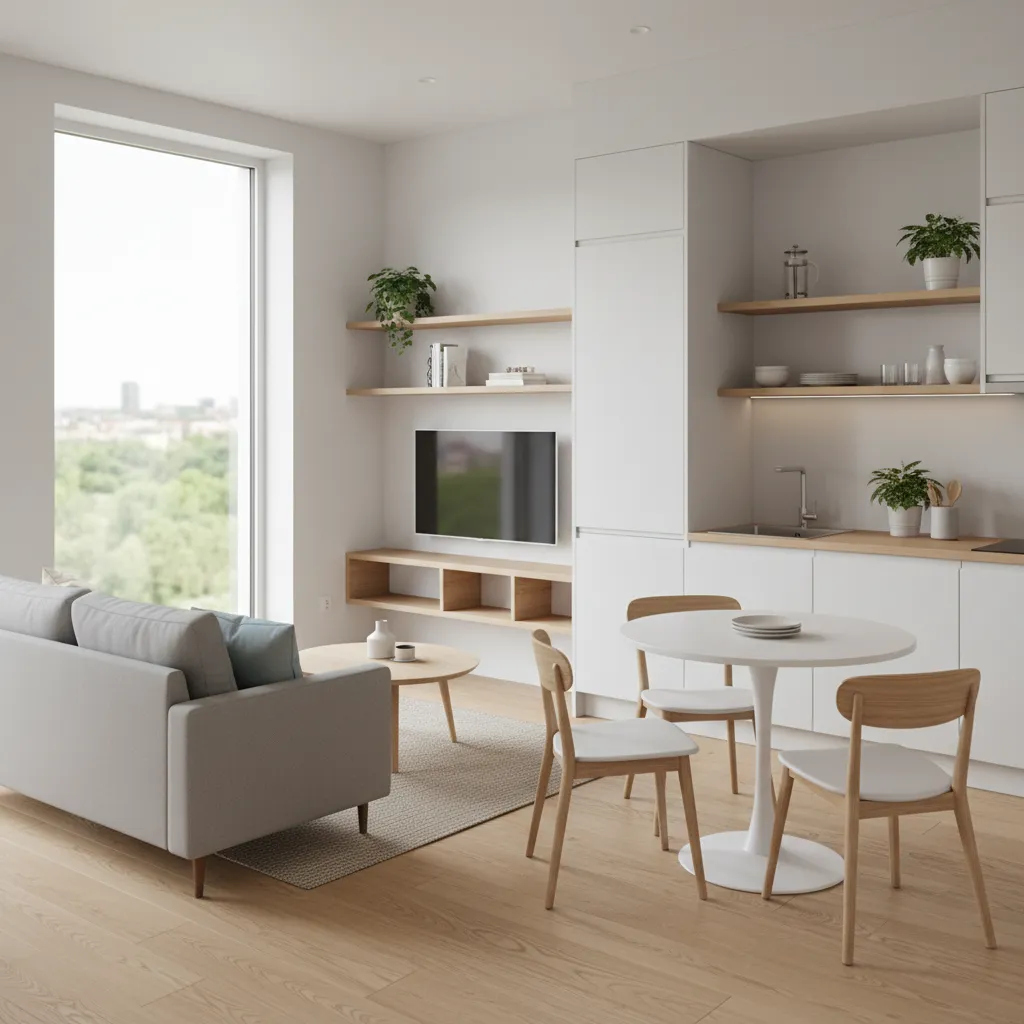 Interior de vivienda social moderna con diseño funcional y luminoso