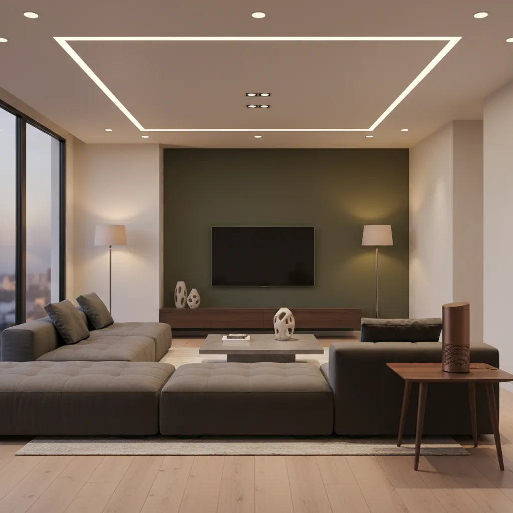 smart speaker controlling home lighting in a modern living room