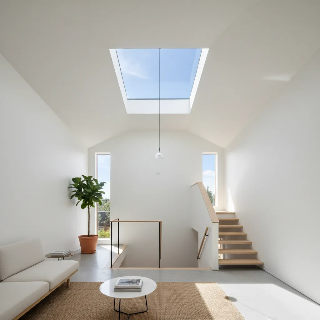 Bright modern living room with white sofa large roof window green plant and wooden stairs