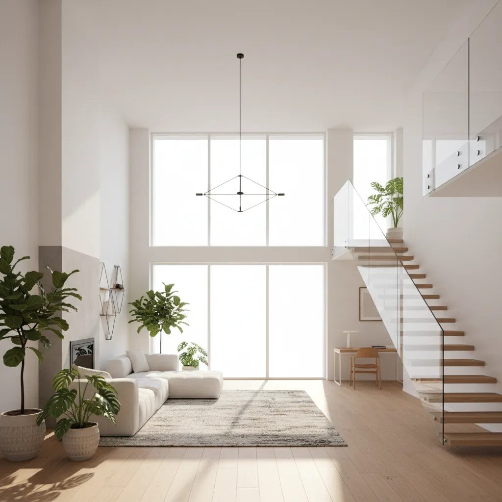 Minimalist living room with high ceiling, white sofa, plants, large windows, and glass railing stairs