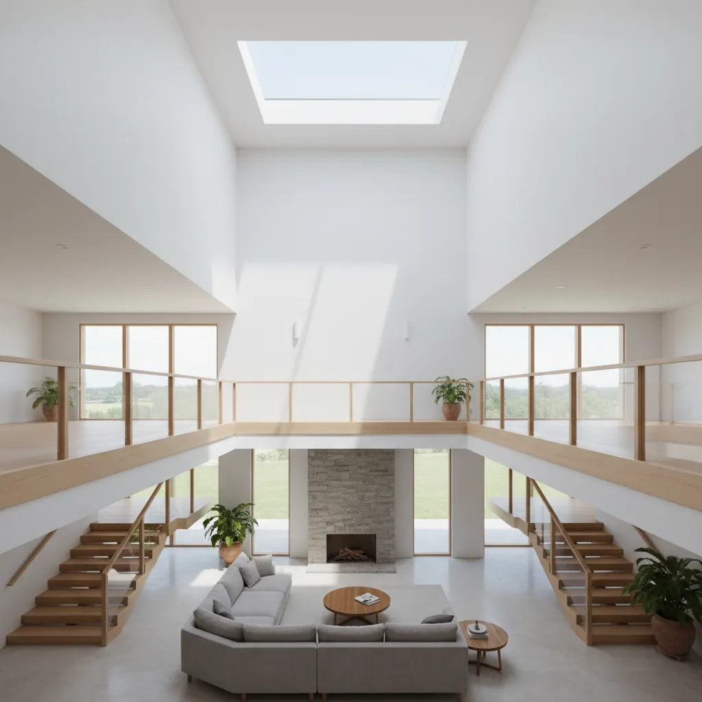 Modern living room interior design drawing with grey sofa wooden stairs fireplace and roof window