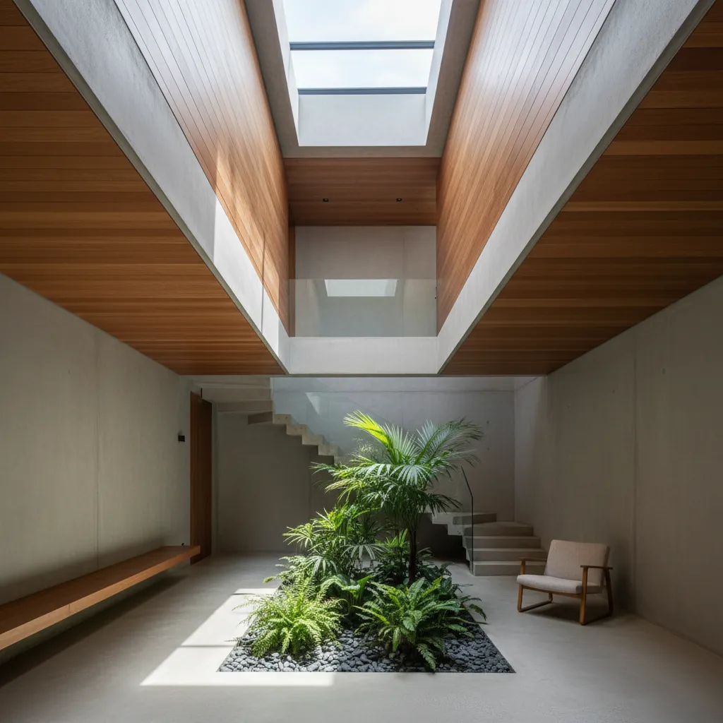Modern indoor garden with green plants concrete walls wooden ceiling skylight chair and grey stairs