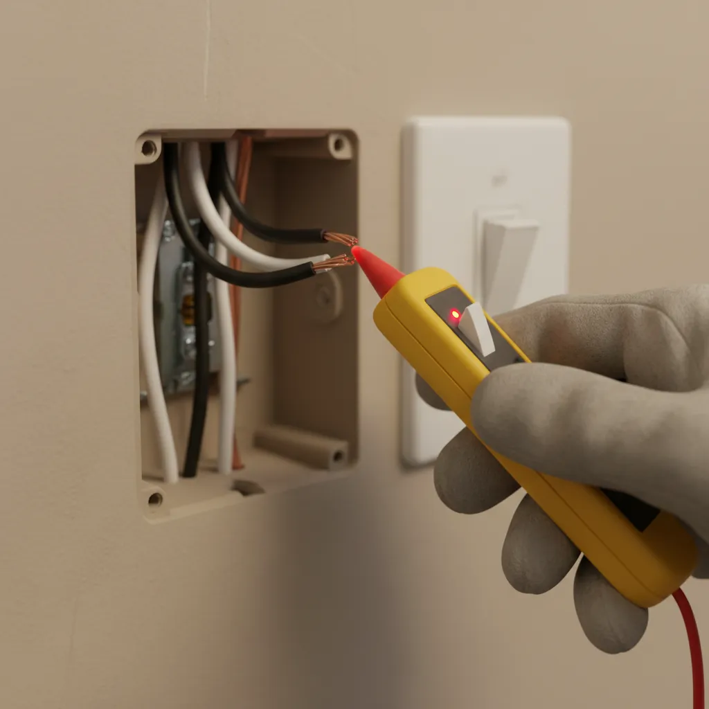 Non contact voltage tester checking wires inside wall light switch box