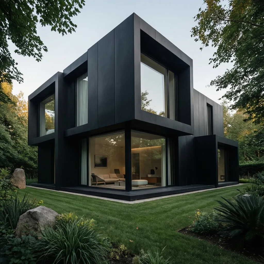 Casa negra moderna mostrando volumen arquitectónico y grandes ventanales