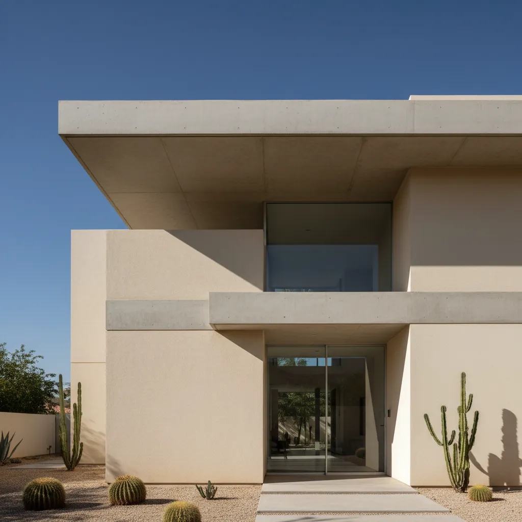 Casa moderna con volúmenes arquitectónicos y fachada crema