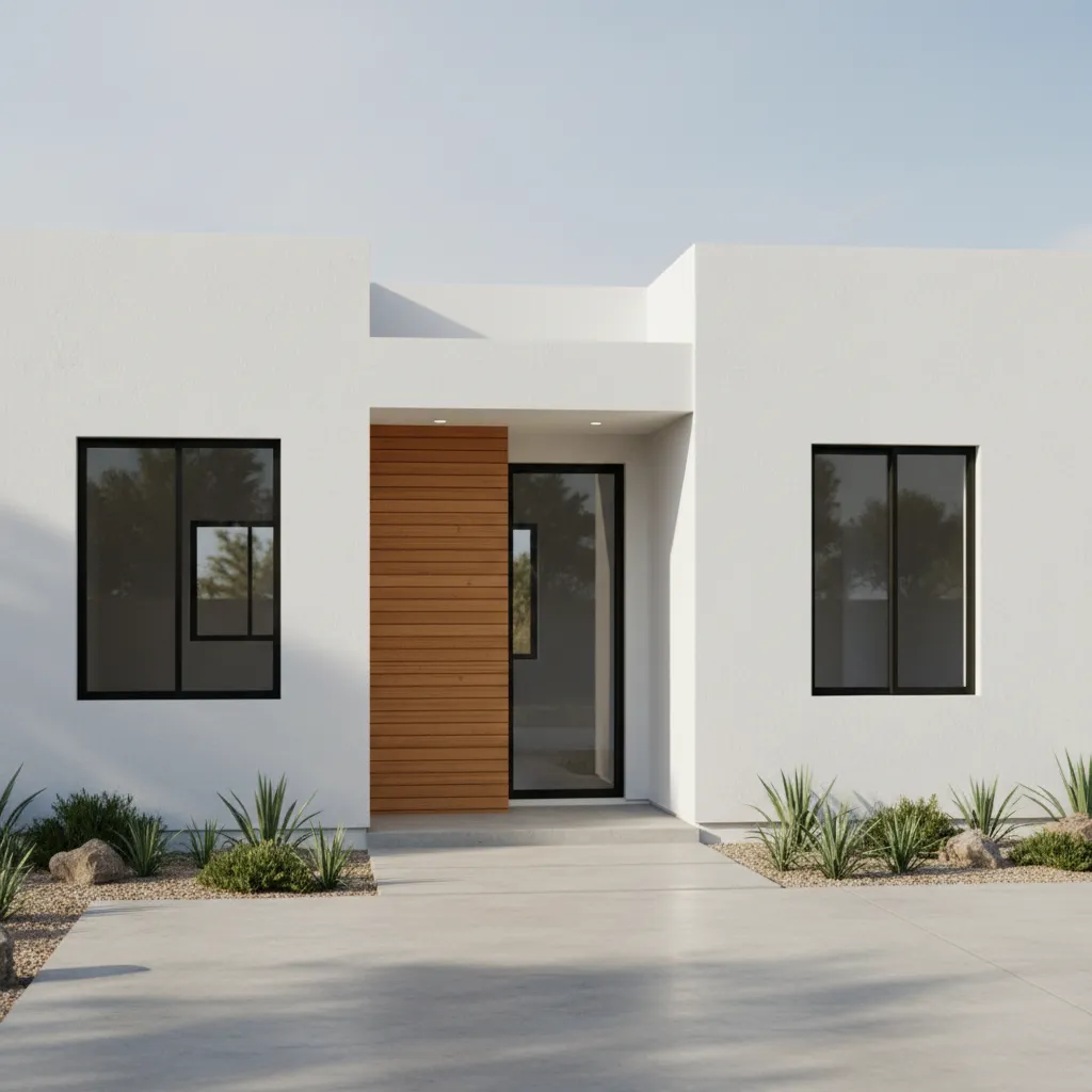 Minimalist white house exterior featuring flat roof black window frames wood panel and concrete path