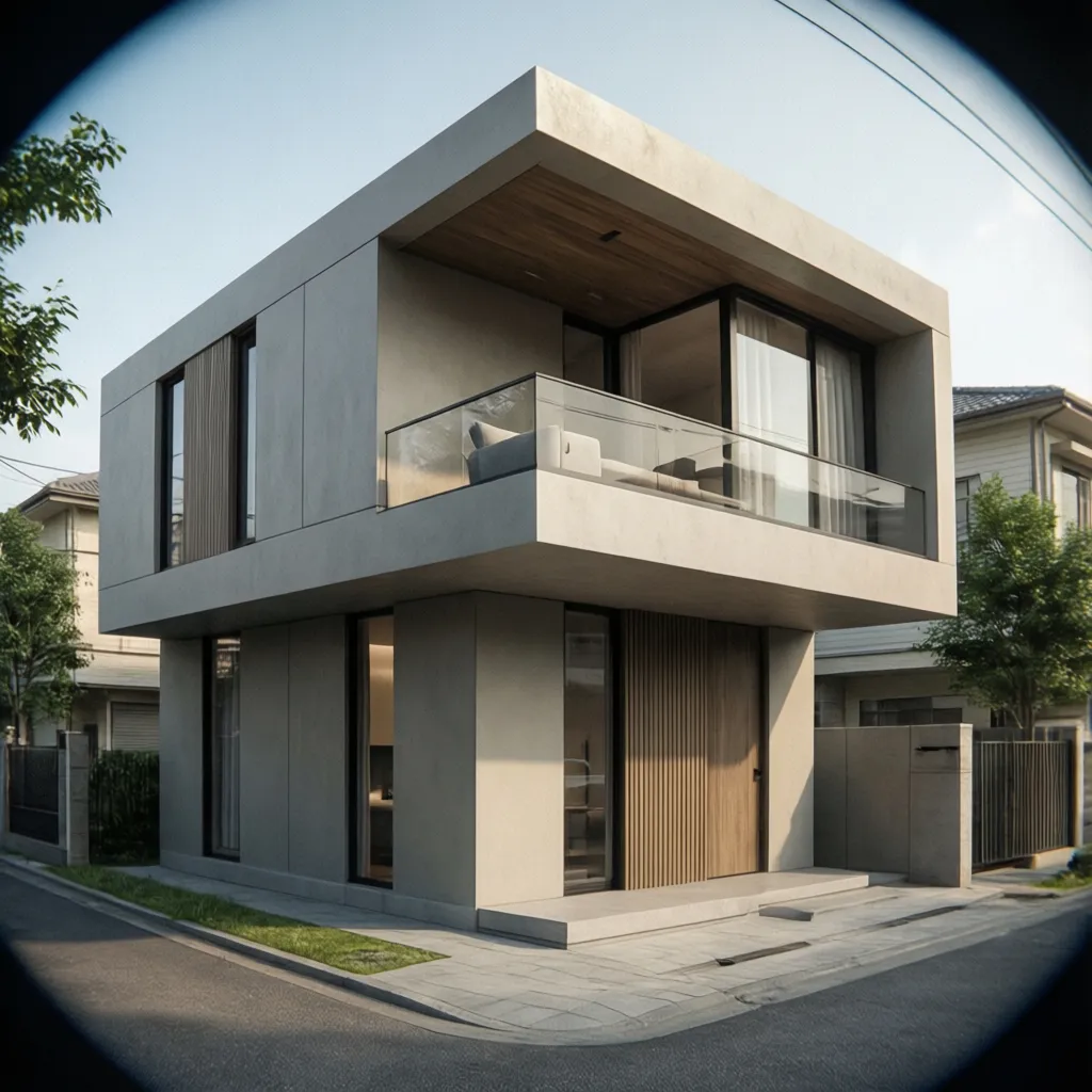 Casa de dos pisos con volúmenes arquitectónicos marcados en la fachada