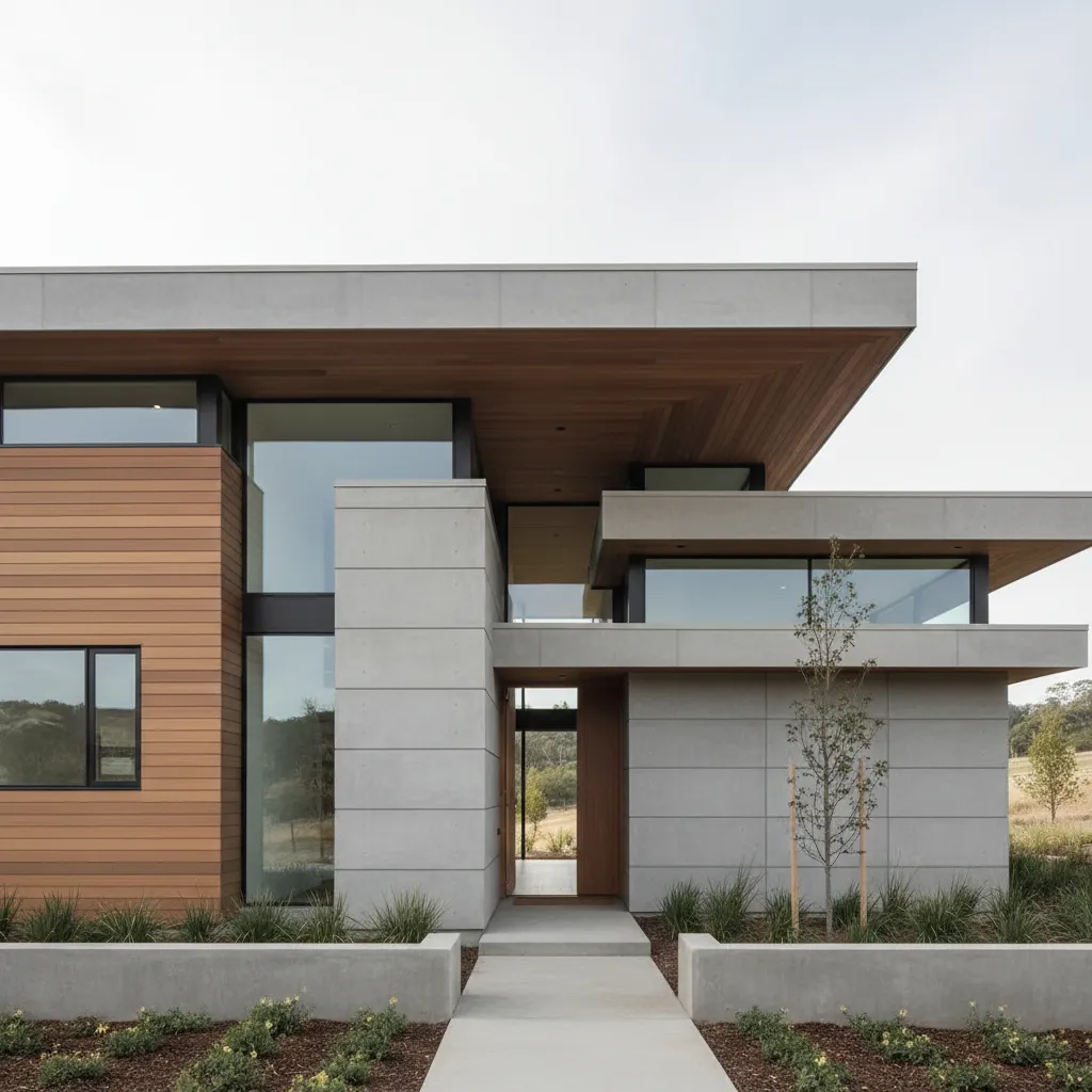 Modern house entrance with grey concrete walls wood panels large windows and flat roof design