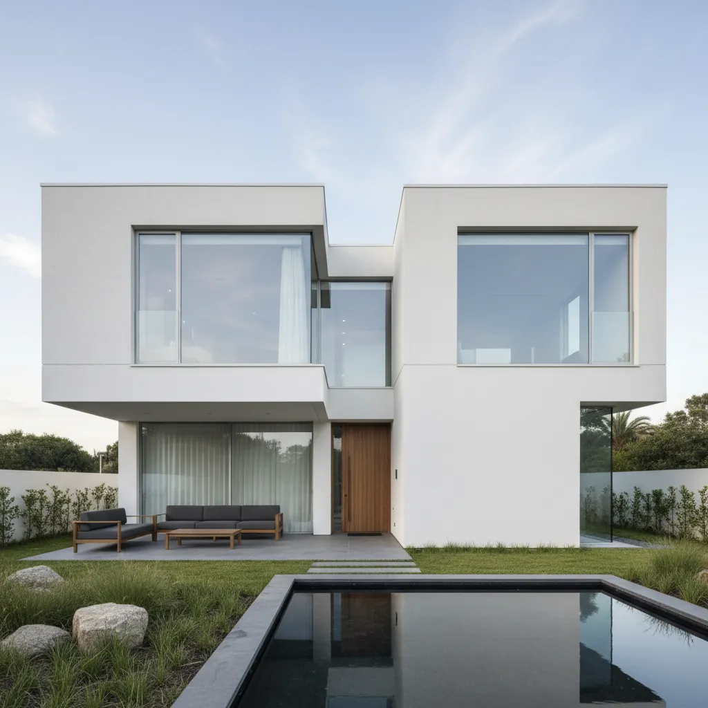 Casa moderna de dos pisos con volúmenes geométricos bien definidos.