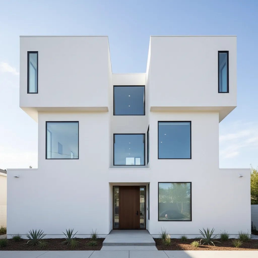 Casa moderna con volúmenes rectangulares simples y fachada clara