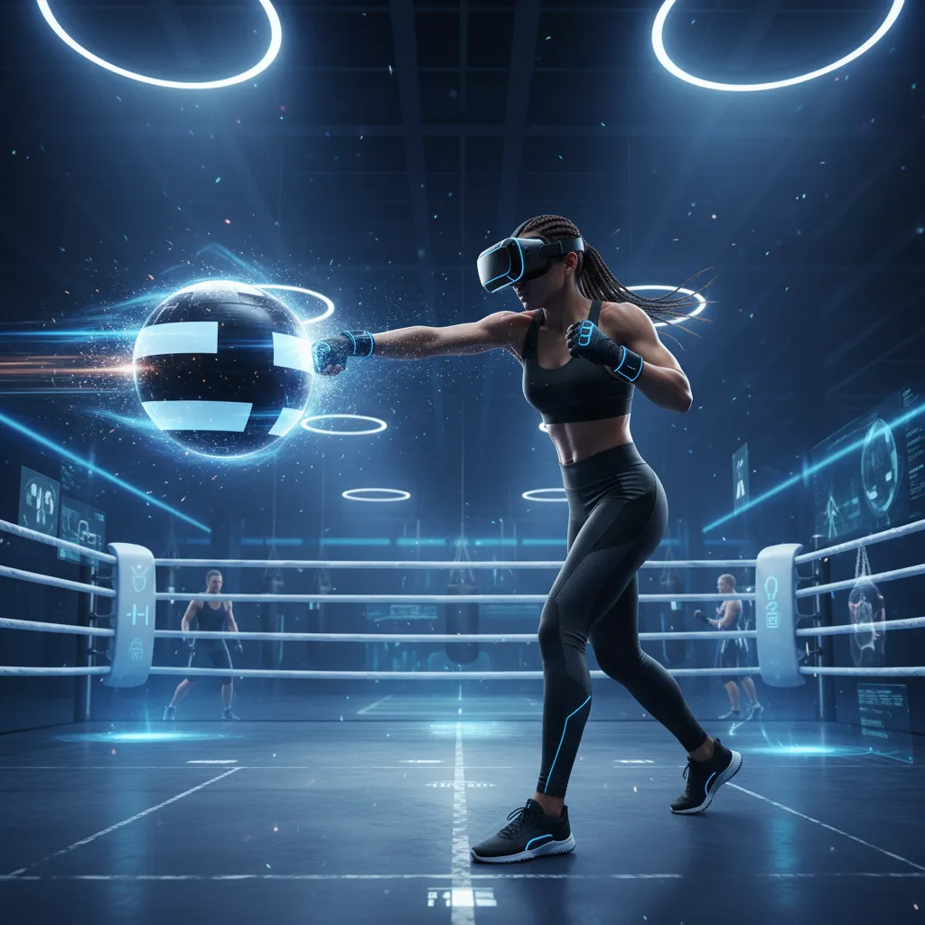 athlete hitting heavy bag in virtual reality boxing training simulation