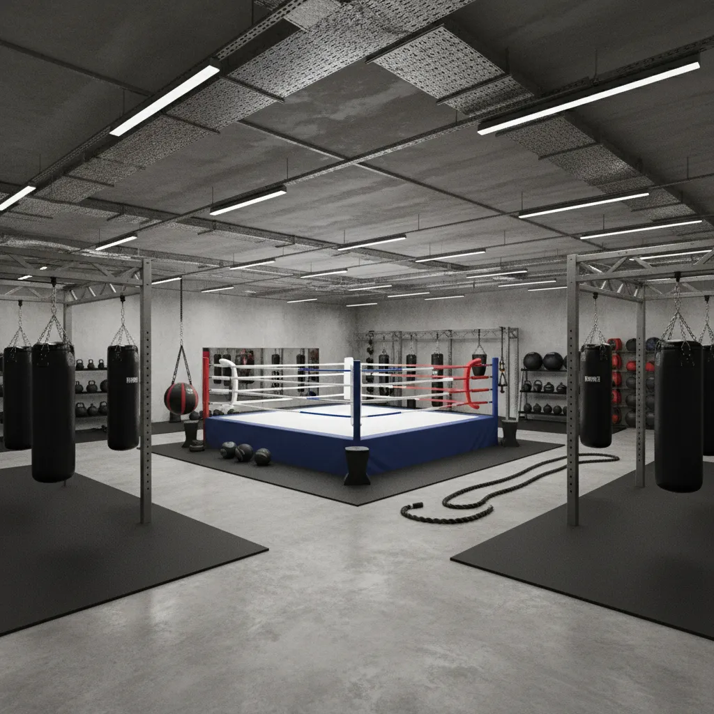 virtual boxing training gym with central ring and training equipment