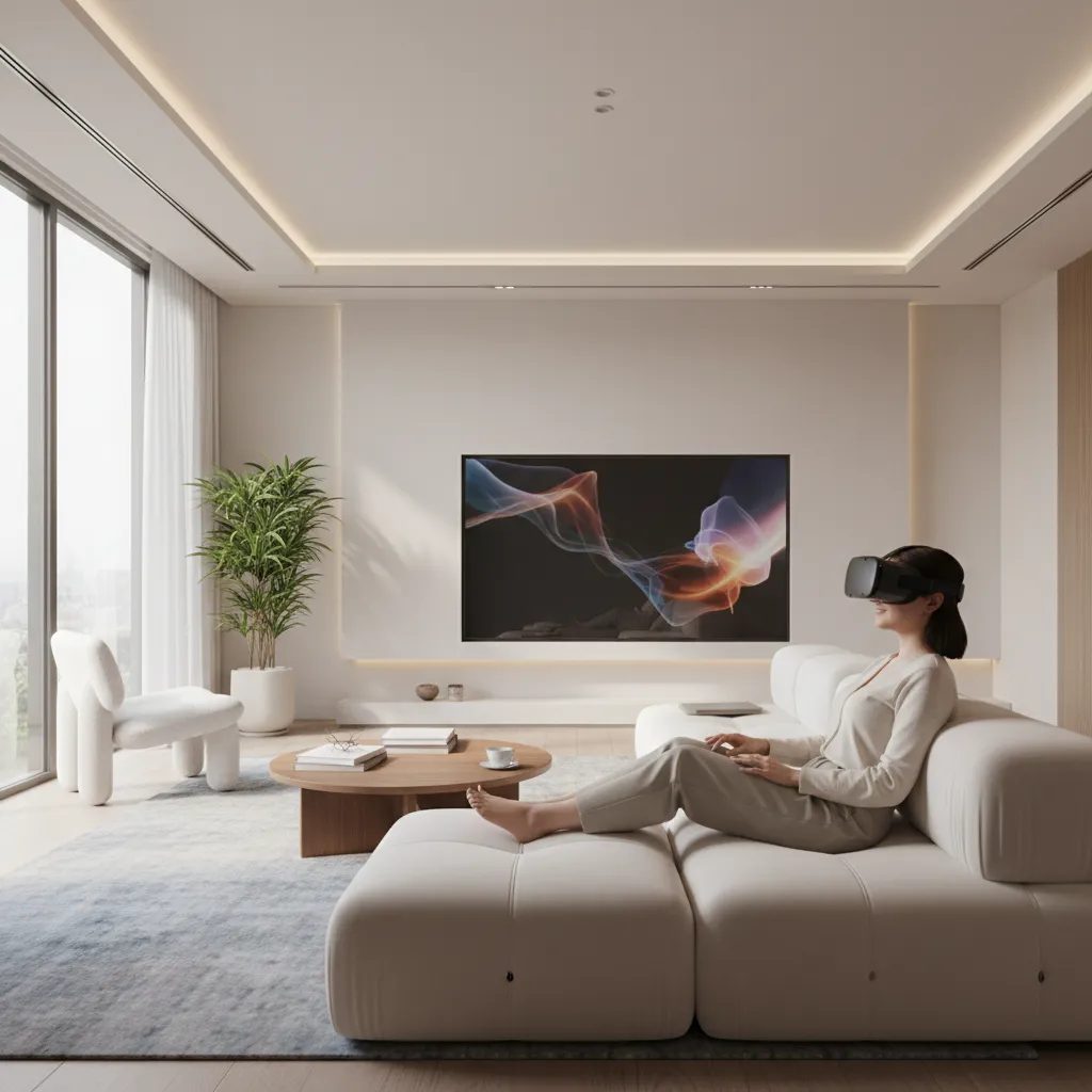 Person watching stereoscopic home video through a VR headset in a living room