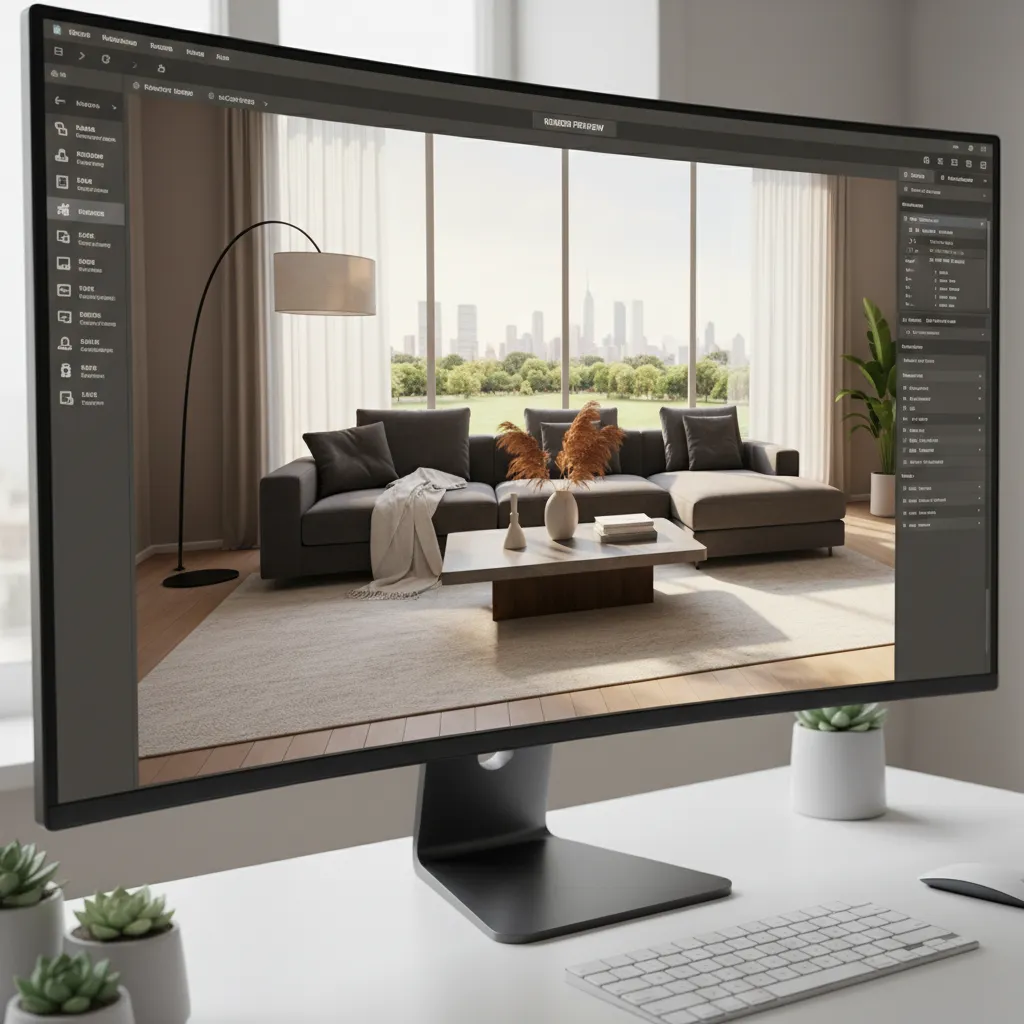 3D home design software interface showing a modern living room layout
