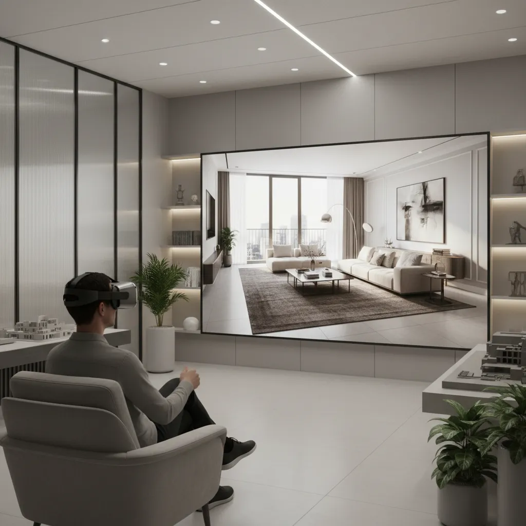 client viewing interior design in virtual reality walkthrough environment