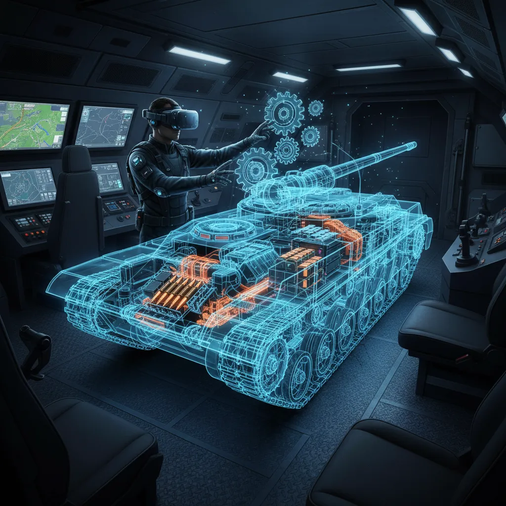 Person wearing virtual reality headset interacting with blue glowing tank hologram in dark control room