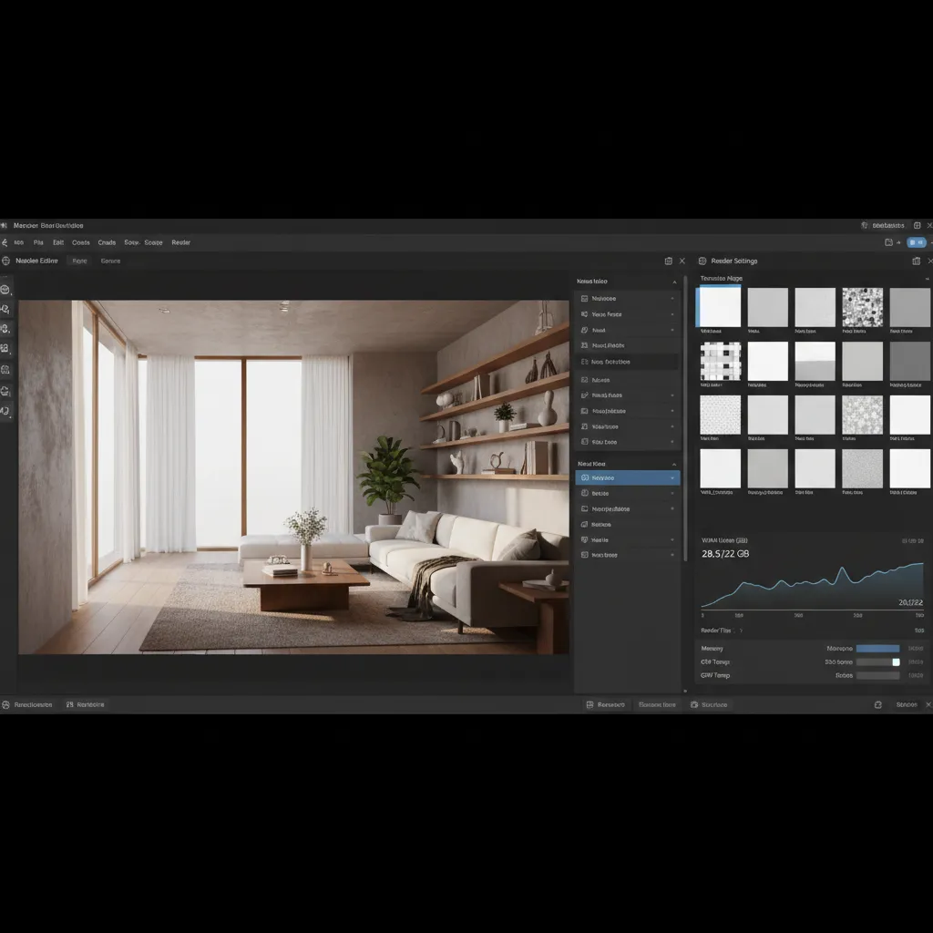 3D rendering software showing texture maps and VRAM usage panel