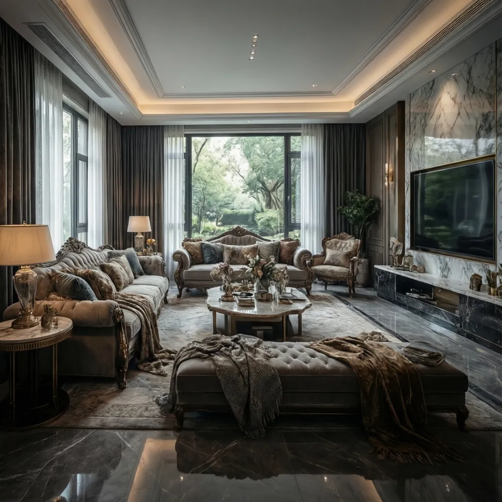 photorealistic V Ray architectural render of luxury living room interior